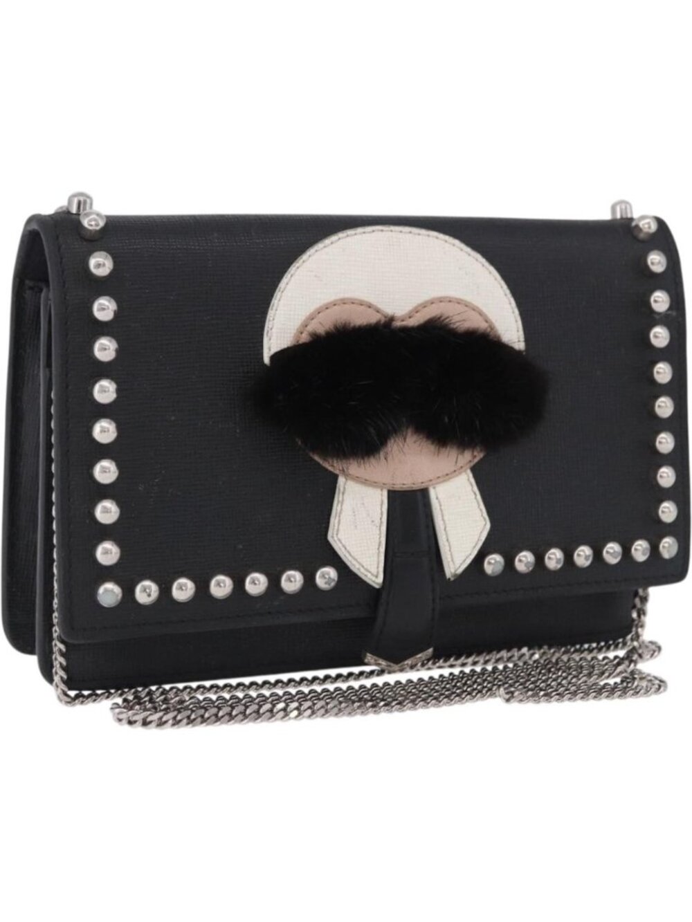 FENDI Chain Shoulder Bag Leather Black Silver 8M0346